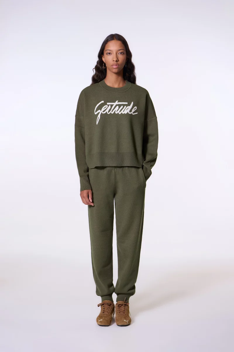 Pull court en maille jacquard à manches tombantes Nath Script khaki femme - - Gertrude