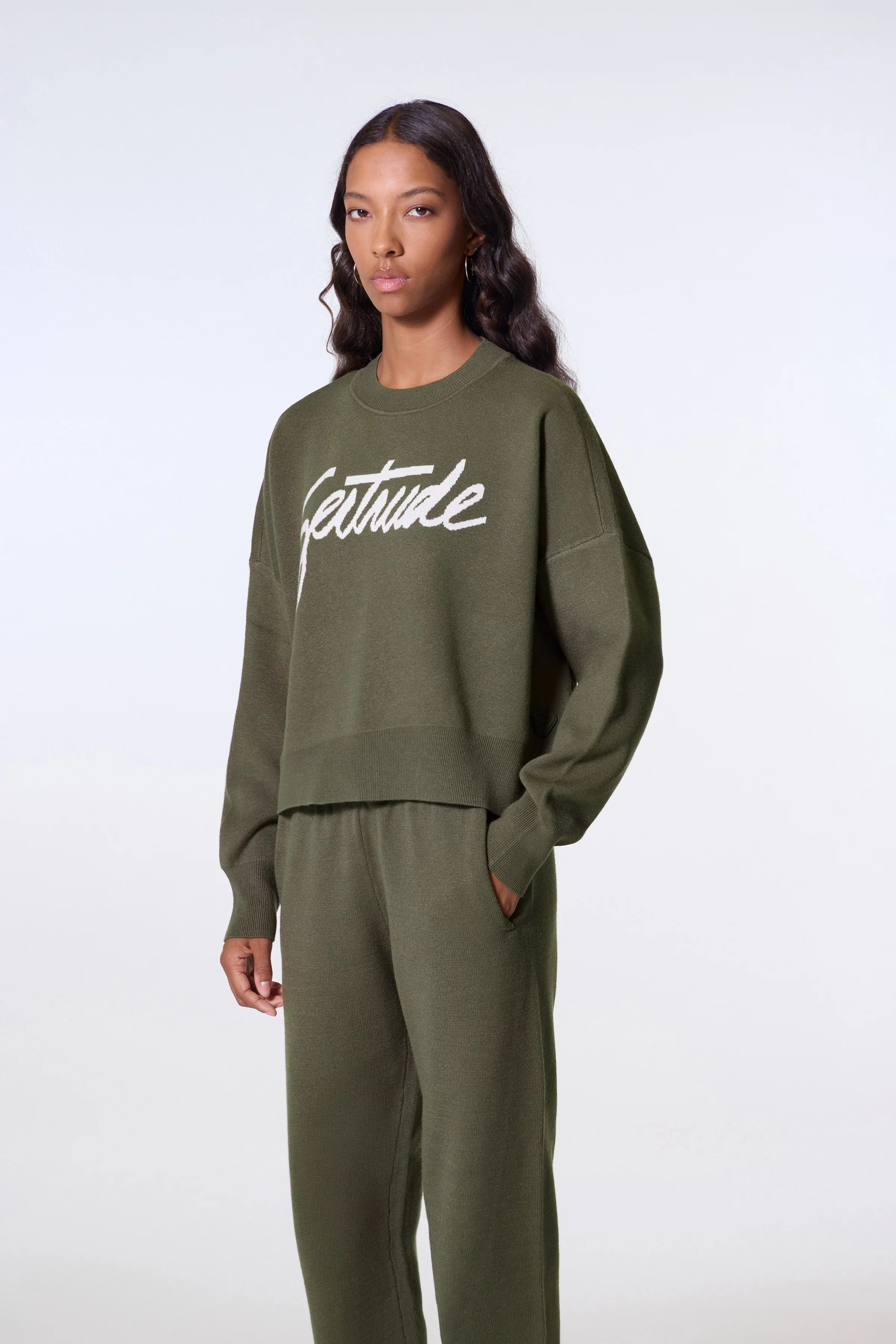 Pull court en maille jacquard à manches tombantes Nath Script khaki femme - - Gertrude