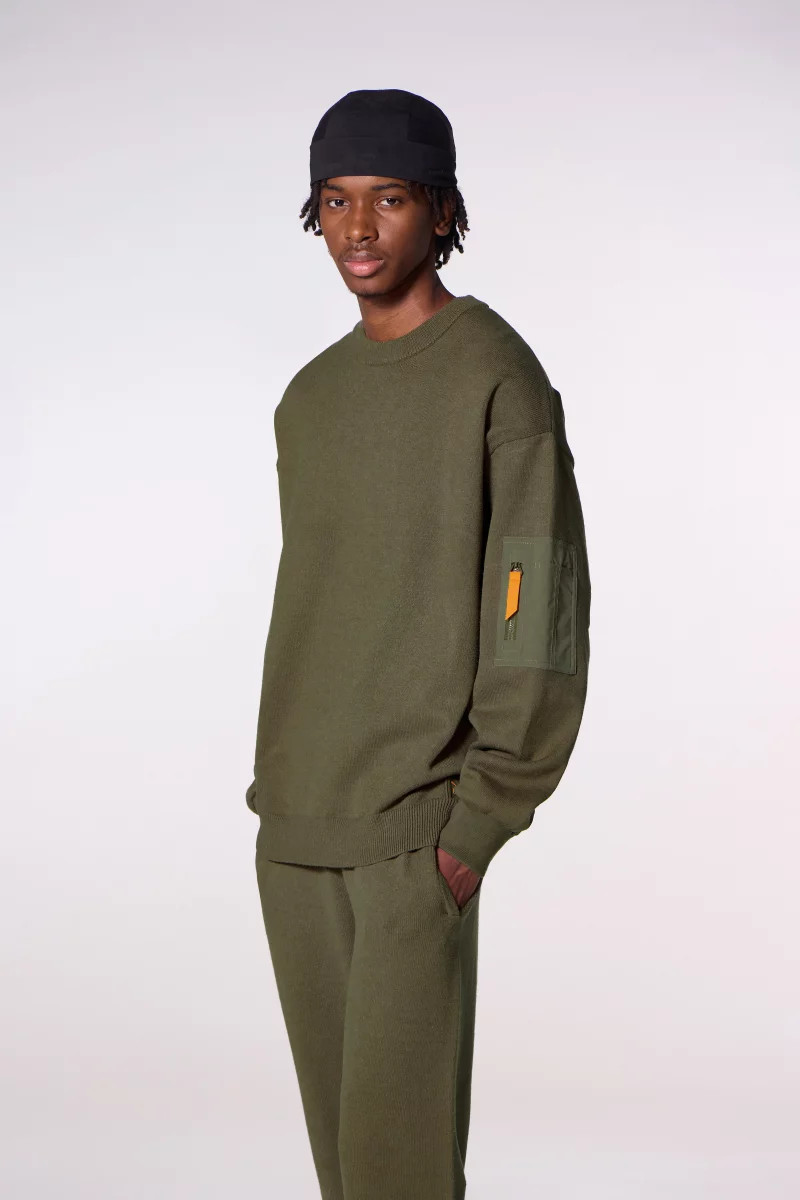 Aldric khaki men's two-tone knit bomber sweater - Gertrude Aldric khaki men's two-tone knit bomber sweater - Gertrude