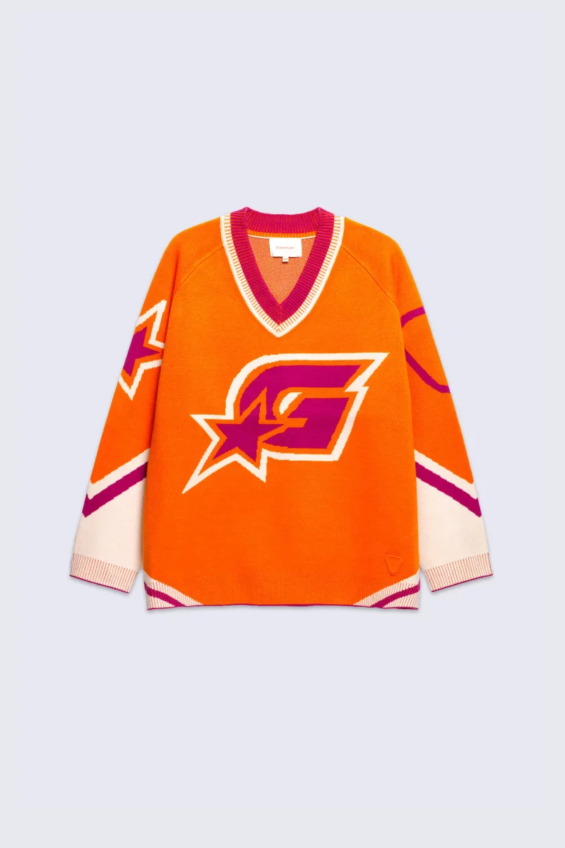 Pull mixte baseball en maille jacquard Herman orange - Gertrude Pull mixte baseball en maille jacquard Herman orange - Gertrude