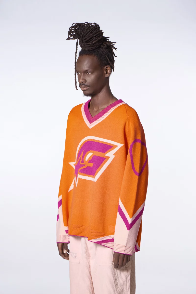 Pull mixte baseball en maille jacquard Herman orange - Gertrude Pull mixte baseball en maille jacquard Herman orange - Gertrude