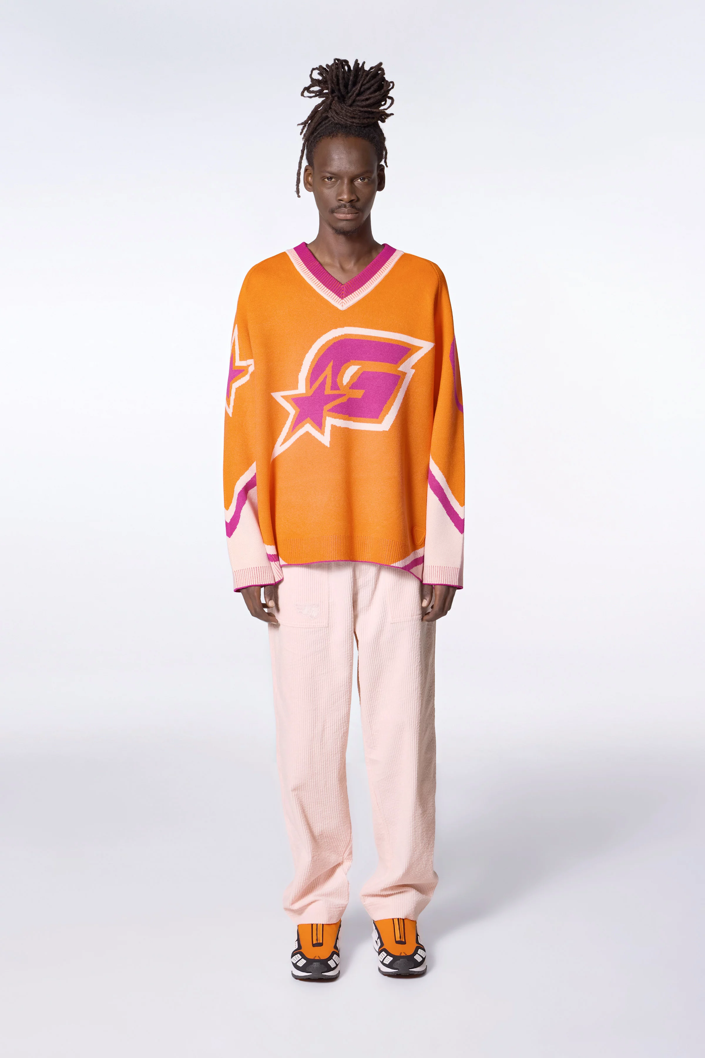 Gertrude unisex baseball sweater in orange jacquard knit - Herman