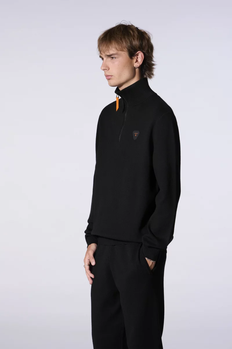 Lewis Patch unisex trucker-style zip-neck sweater in black - Gertrude