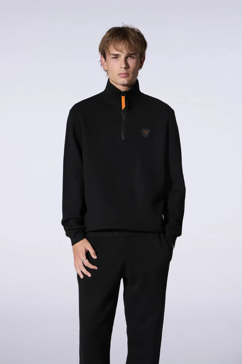 Lewis Patch unisex trucker-style zip-neck sweater in black - Gertrude