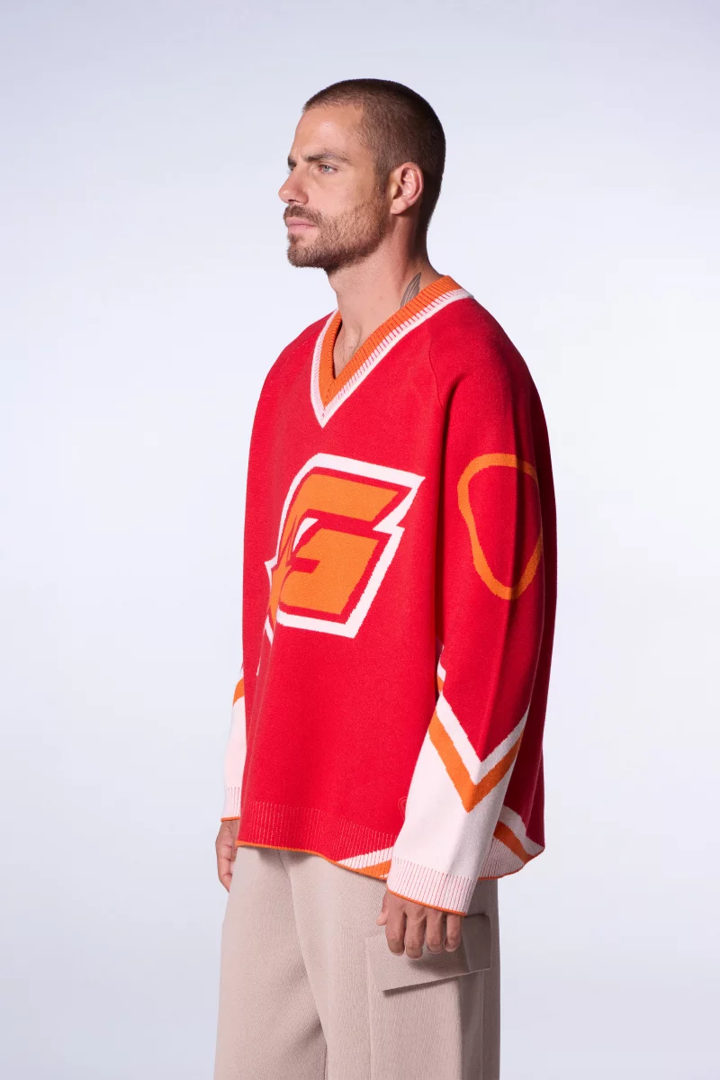 Pull mixte baseball en maille jacquard Herman poppie - Gertrude Pull mixte baseball en maille jacquard Herman poppie - Gertrude