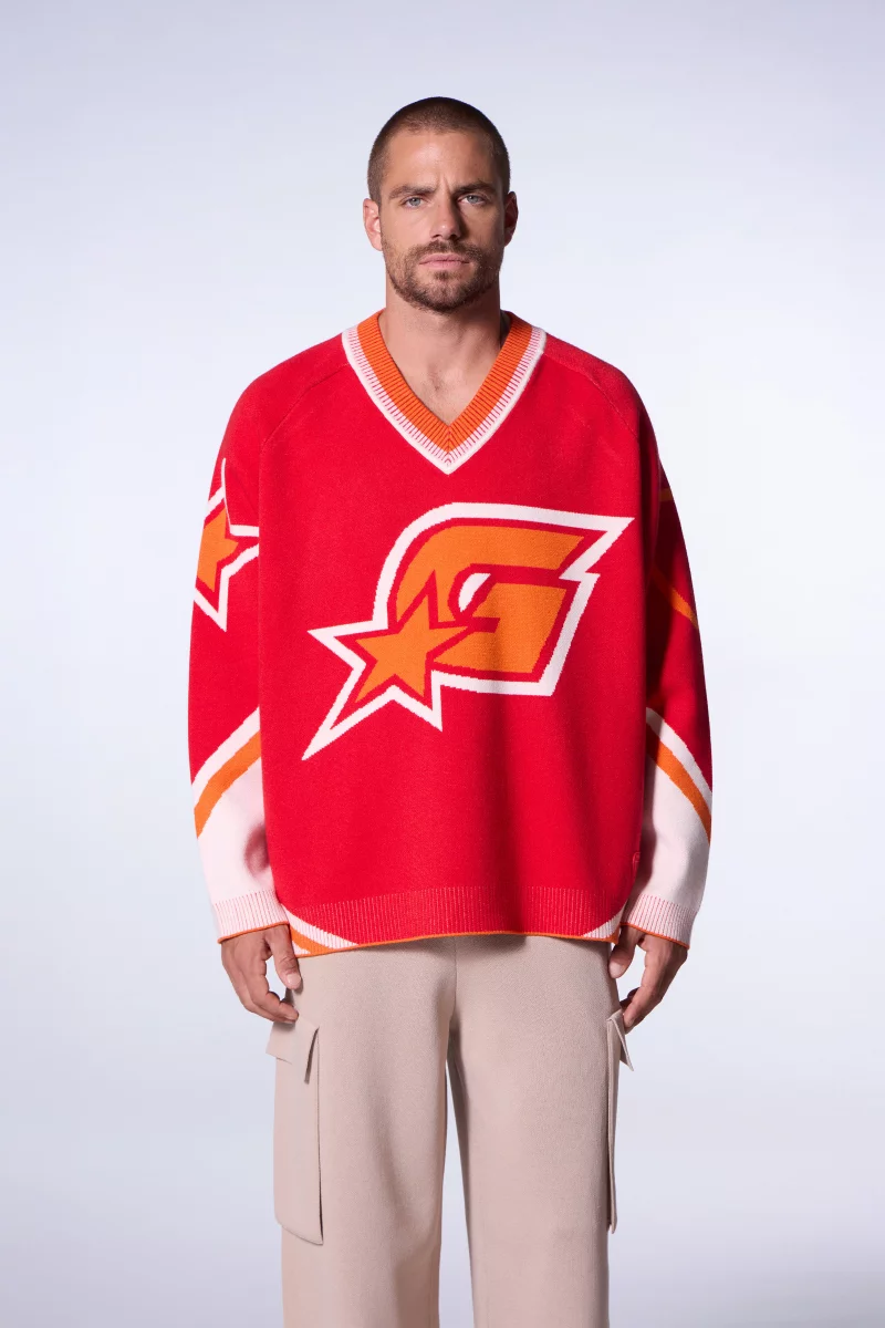 Pull mixte baseball en maille jacquard Herman poppie - Gertrude Pull mixte baseball en maille jacquard Herman poppie - Gertrude