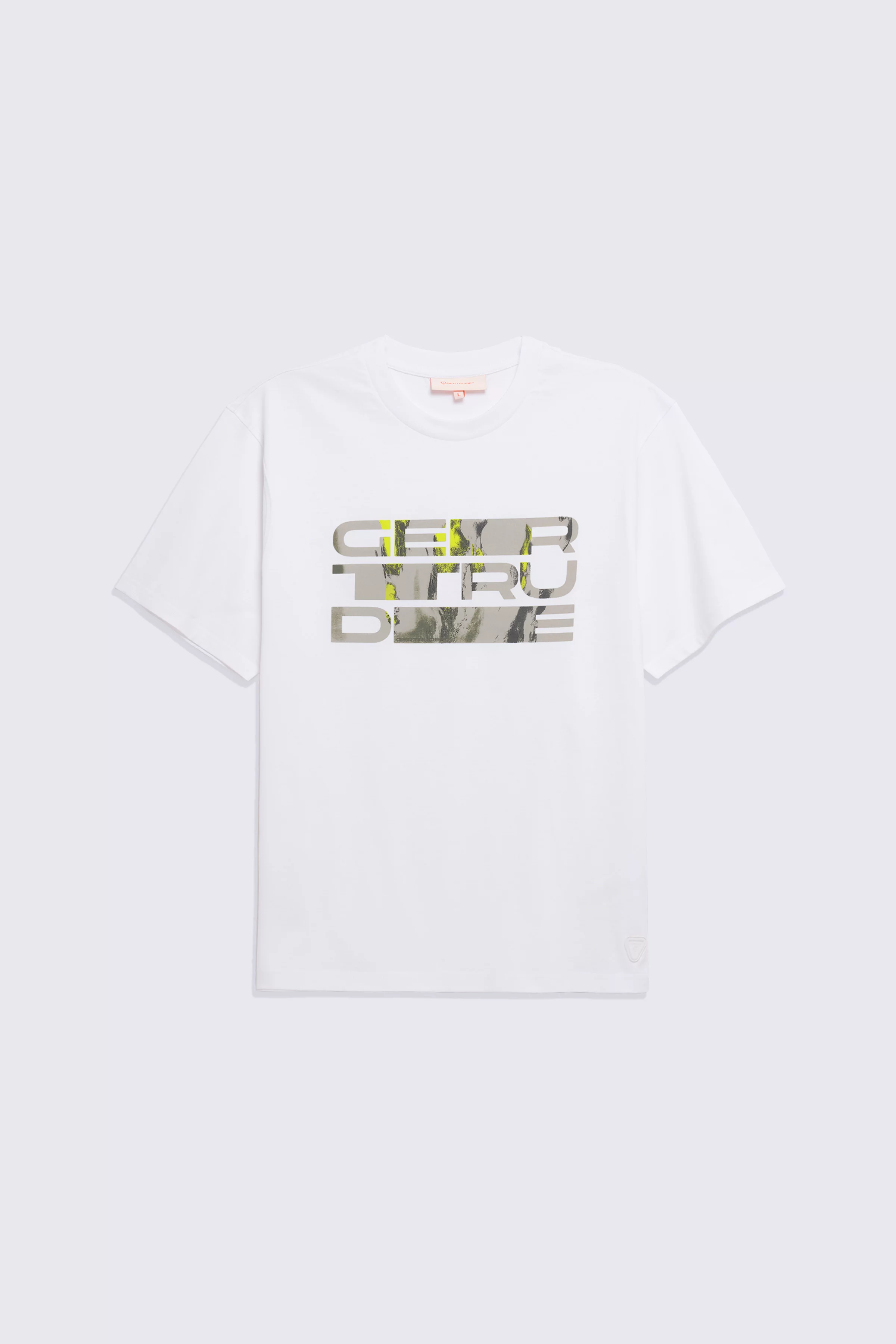Men's white cotton T-shirt with graphic print from Leonce Display - Gertrude