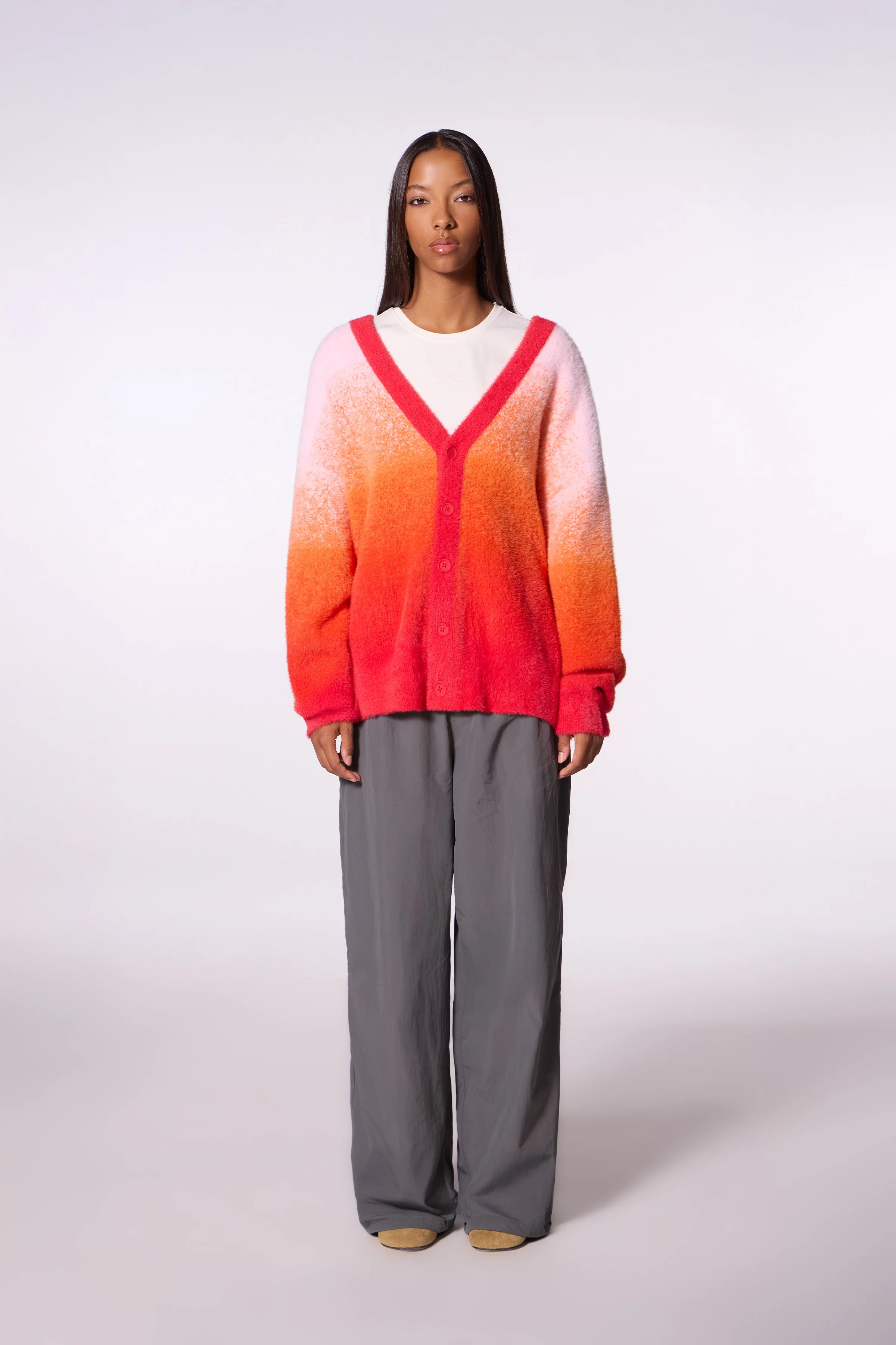 Davide long unisex cardigan in brushed fluffy knitgradredpoudr - Gertrude