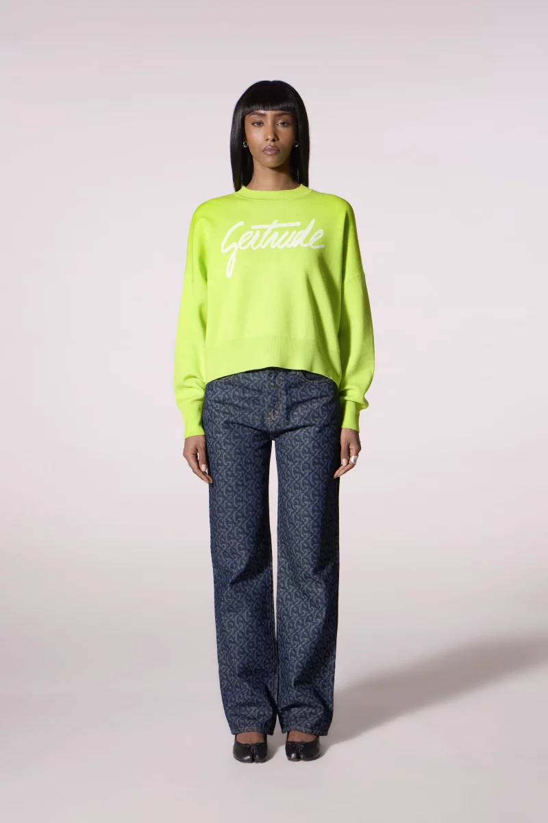 Pull court en maille jacquard à manches tombantes Nath Script acide femme - - Gertrude